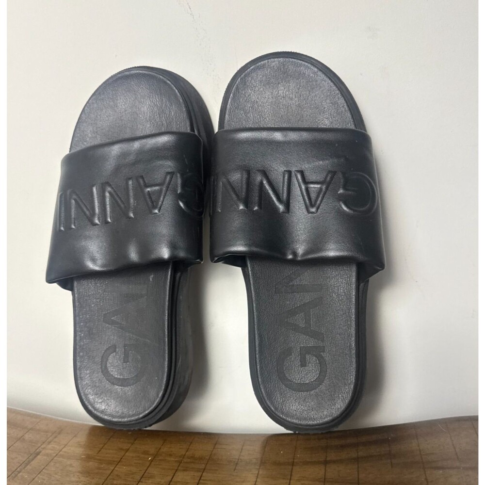GANNI Black Platform Slide Sandals Logo Slip On Womens 8 EU 39